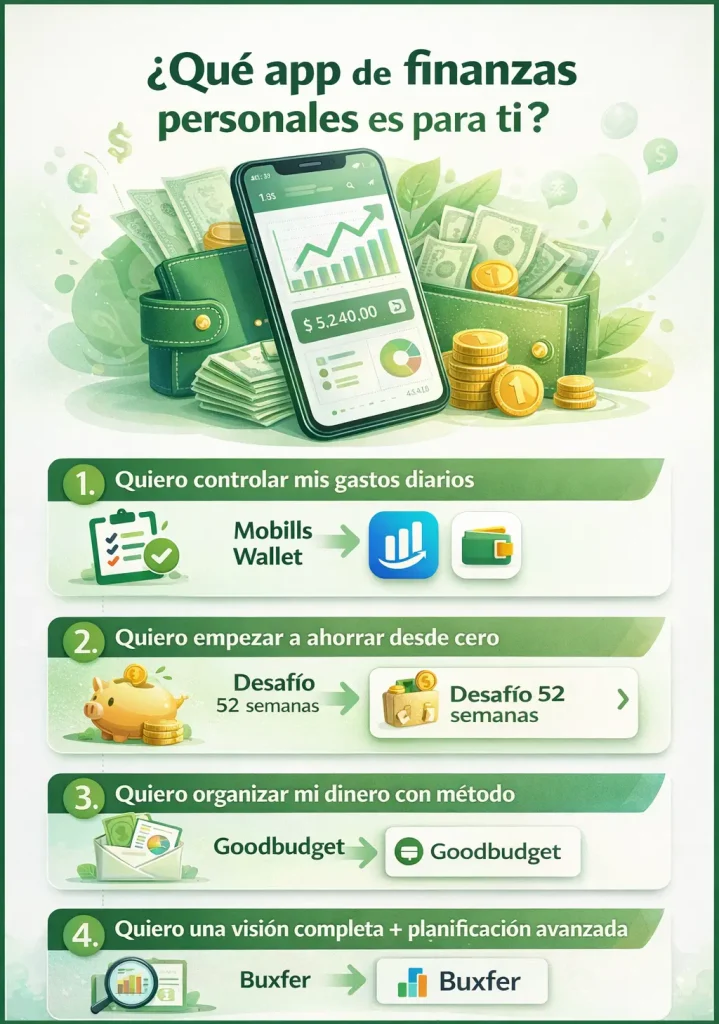 Infografía comparativa de apps de finanzas personales en México que muestra cuál elegir según el objetivo: controlar gastos, ahorrar, organizar el dinero o planificar a futuro.