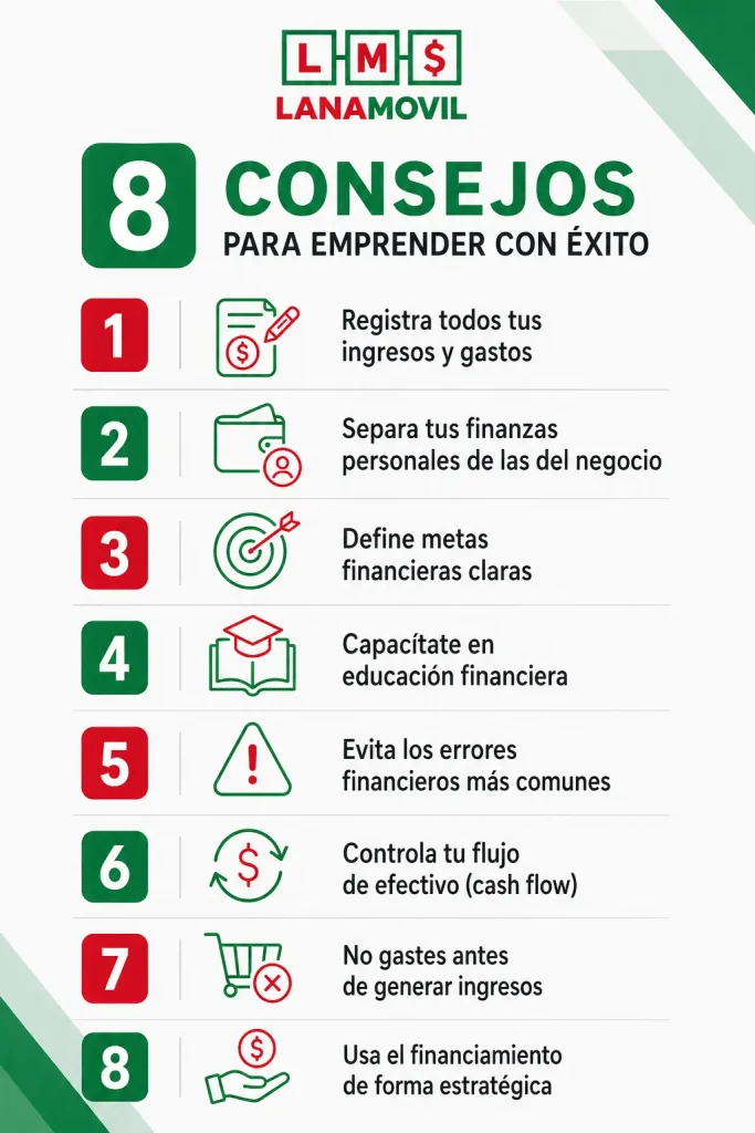 Infografía con consejos de finanzas para emprendedores, enfocada en control de ingresos y gastos, flujo de efectivo, educación financiera y crecimiento del negocio.