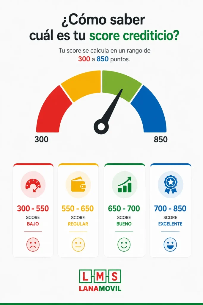 Infografía sobre los rangos del score crediticio en México, mostrando niveles bajo, regular, bueno y excelente con medidor visual y escala de 300 a 850 puntos. 
