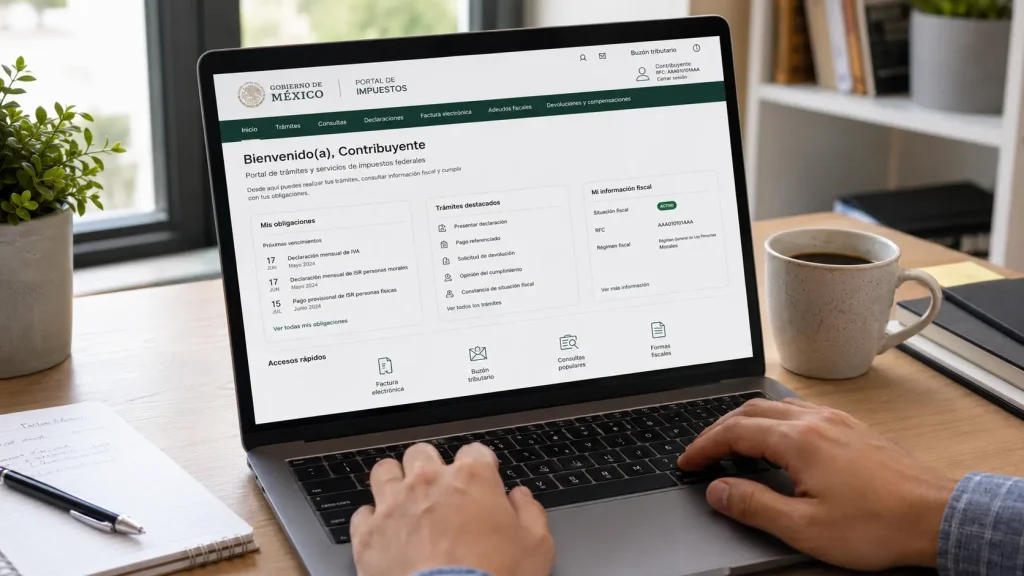 Empleado del GEM revisando sus obligaciones fiscales en el portal del Servicio de Administración Tributaria (SAT) de México.