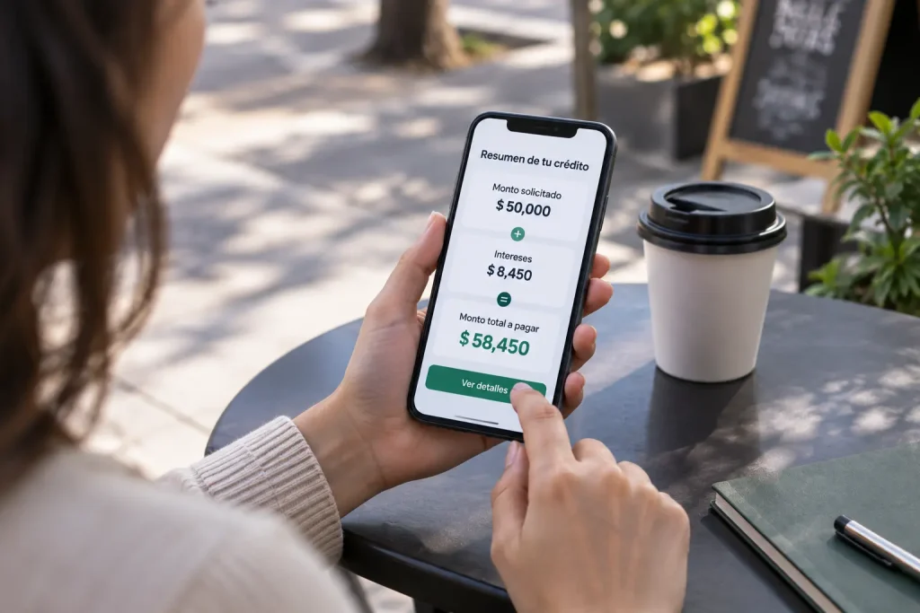 Consulta en celular del monto solicitado, intereses y total a pagar de un crédito vía nómina 